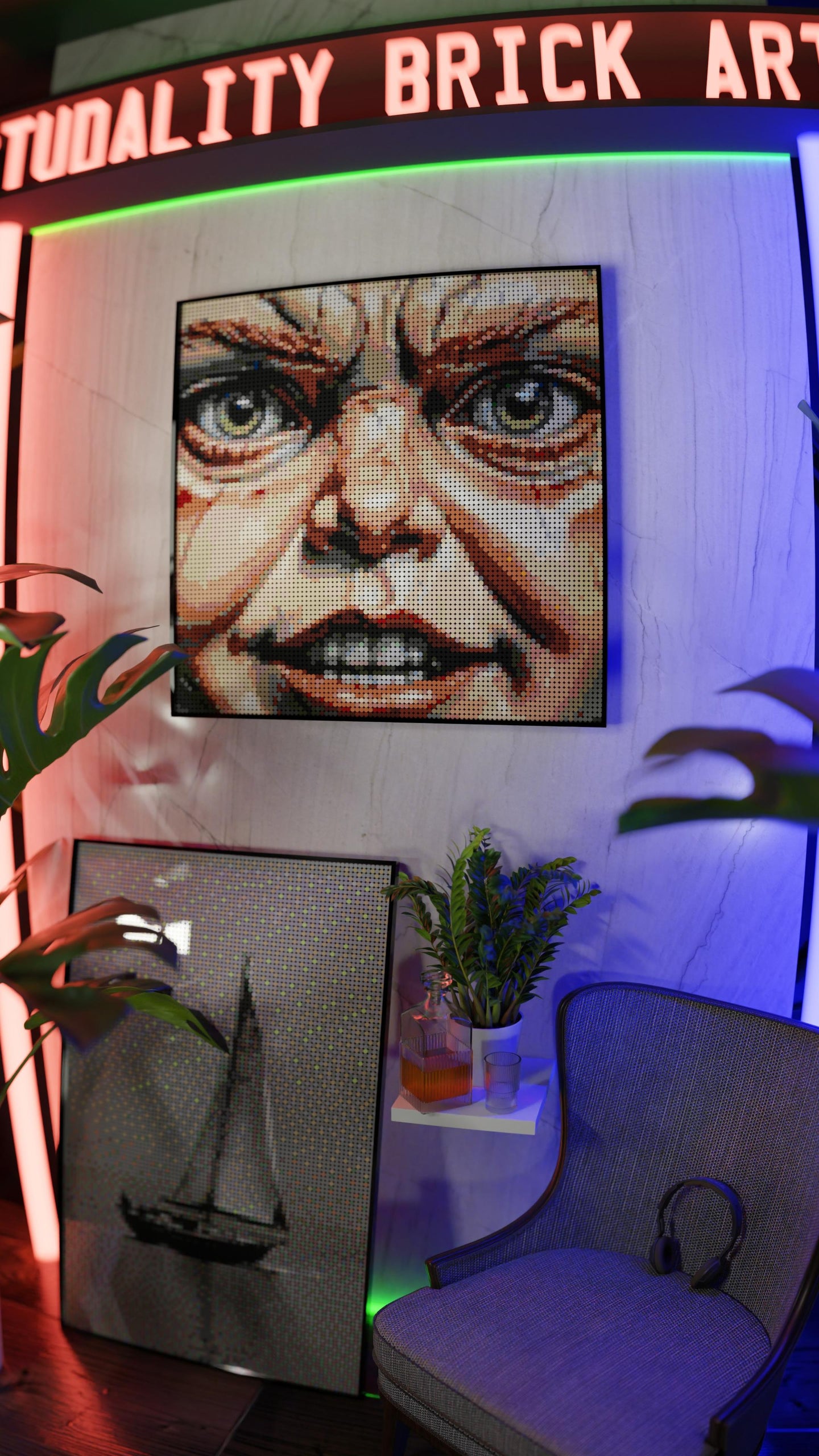 Malevolent Marionette LEGO® Style mosaic wall art made from colorful plastic bricks